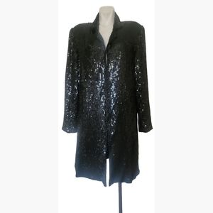 VINTAGE Jewel Queen 100% Pure Silk Black Sequin Long Jacket Hook Closure Size L